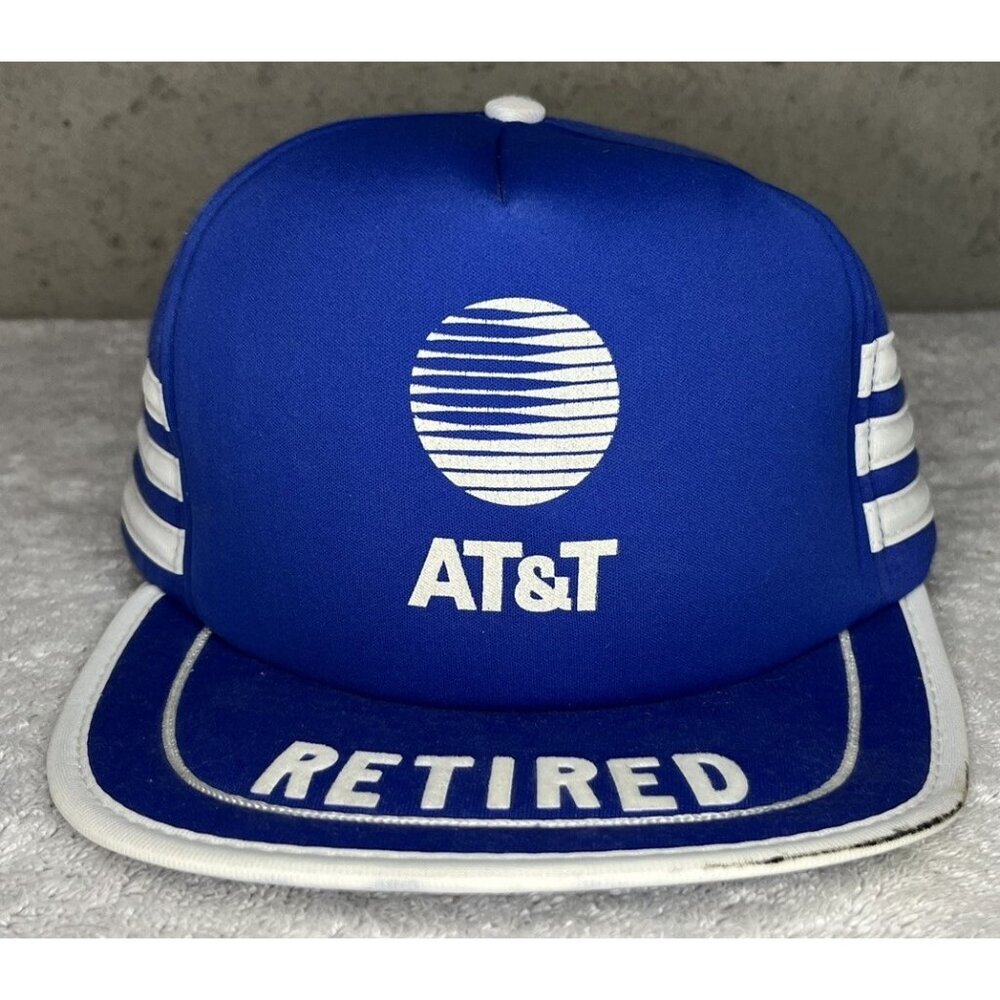 Vintage 80s AT&T 3 Stripe Puff Print Blue Snapback Trucker Hat Cap “Retired”